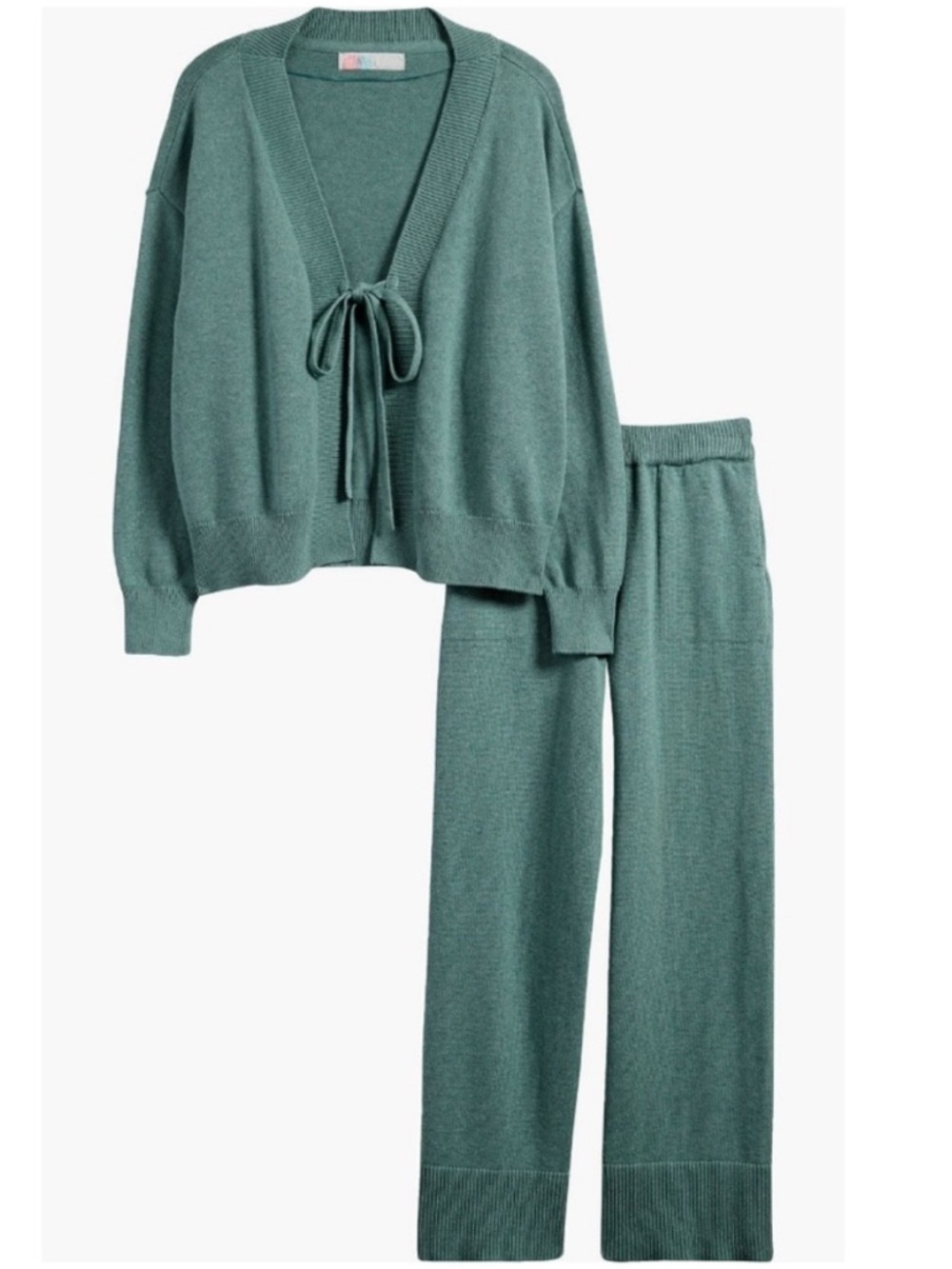 Free People Beach Solar Knit Tie Front Sweater Top & Pant Set in Reef Green - S